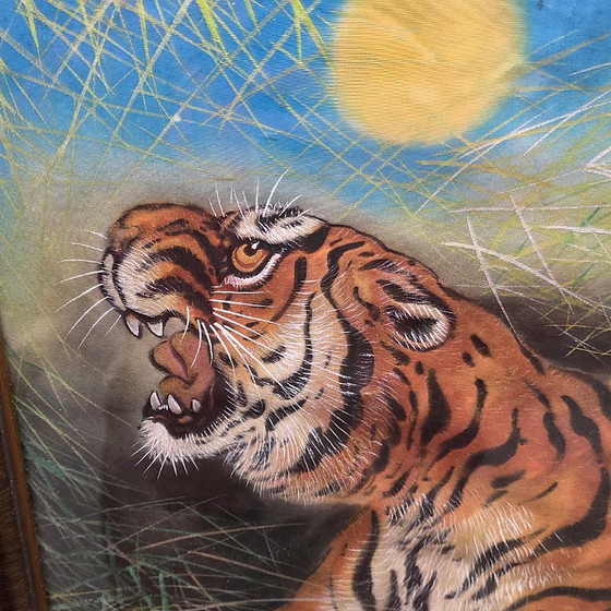 Image 1 of Vintage Japanese silk painting with a tiger, 1950s