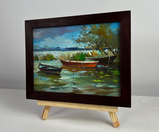 Image 1 of Original Oil Painting Summer River Landscape Boats moored on the shore