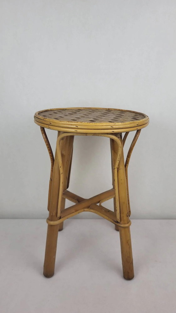 Sgabello/tavolino vintage anni '70, rattan – Tavolini, Wicker (photo 6 of 6)