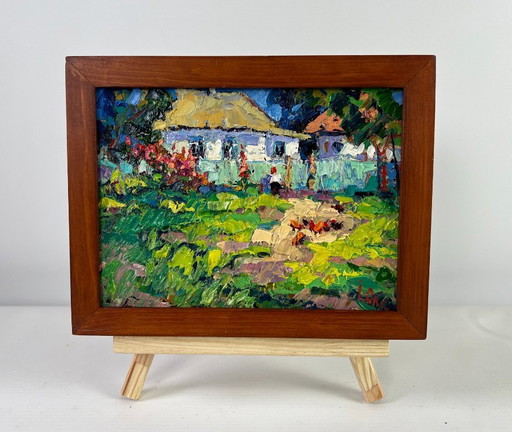 Original Oil Painting Summer Nature Landscape House in the village