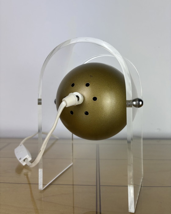Image 1 of Plexiglass Eyeball Lamp, Sputnik design, 70s, Space Age, Table lmap, 1970s, Olive Gold Vintage Lamp with Plexiglass Stand, Spot