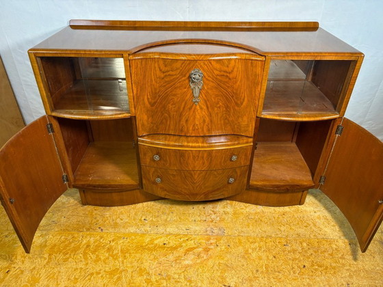 Image 1 of Art Deco Vintage Burr Walnut Cocktail Cabinet / Sideboard by Beautility Circa 1930–1940  A truly stunning Art Deco cocktail cabi