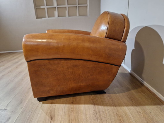 Image 1 of Vintage Sheepskin Leather Club Armchair - Brown - Cognac