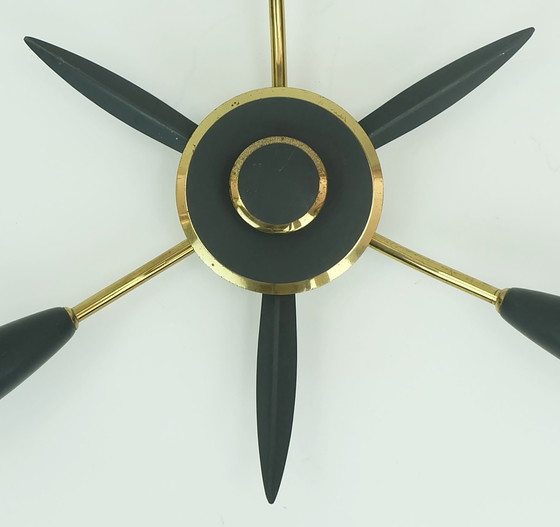Image 1 of Plafoniera a 3 luci Sputnik della metà del secolo scorso in ottone e metallo grigio scuro