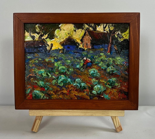Original Oil Painting Evening Village Landscape Cabbage is being planted in the garden