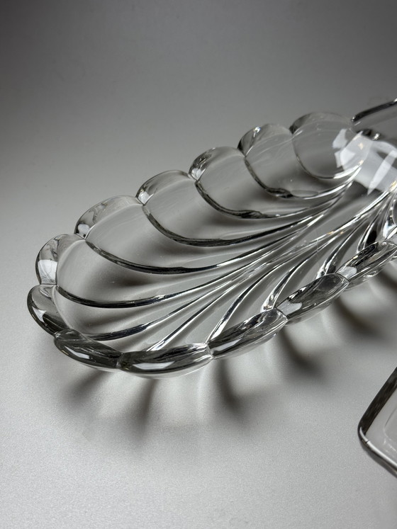 Image 1 of Juego de 4 platos de hoja de plátano de Val Saint Lambert, cristal belga de mediados de siglo, década de 1950.