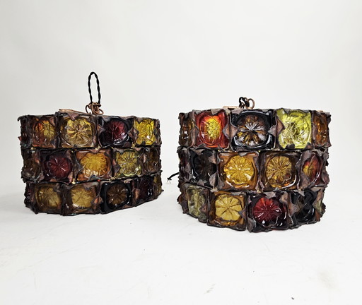 Very rare and unique Set of Pendant Lamps Brutalist glass and metal by Felipe Delfinger for Feder 1970s Mexico