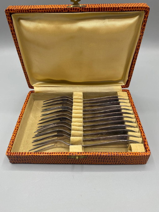 12 silver-plated escargot forks in their original box – decoratieve objecten, Velvet, Art Deco