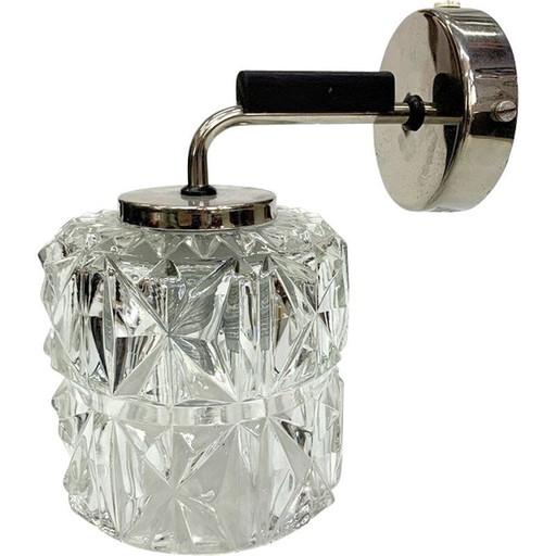 Lámpara de pared de cristal vintage con detalles en níquel y madera, 1970