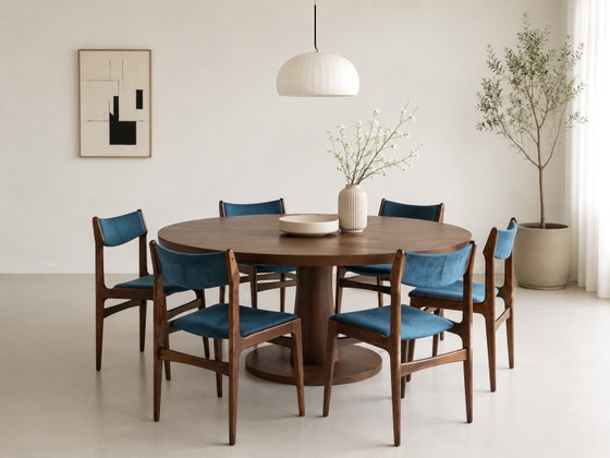 Ensemble de 6 chaises de salle à manger Erik Buch en palissandre, bleues, récemment retapissées – Wood (photo 2 of 15)