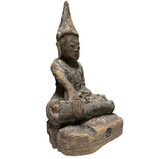 Estatua antigua de Buda Shan de madera – Birmania/Myanmar – Siglos XVIII/XIX – con antiguo sello de (photo 3 of 10)