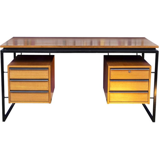 Bureau vintage en chêne et métal laqué, France 1970