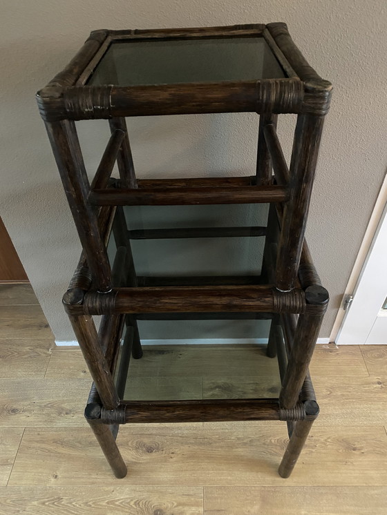 Image 1 of Vintage rattan bamboo nesting tables mimeset smoked glass