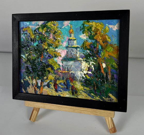 Image 1 of Original Oil Painting Rural Landscape Church Morning Bell in the Village