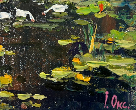Image 1 of Original Oil Painting Summer Nature Landscape Geese in the lake