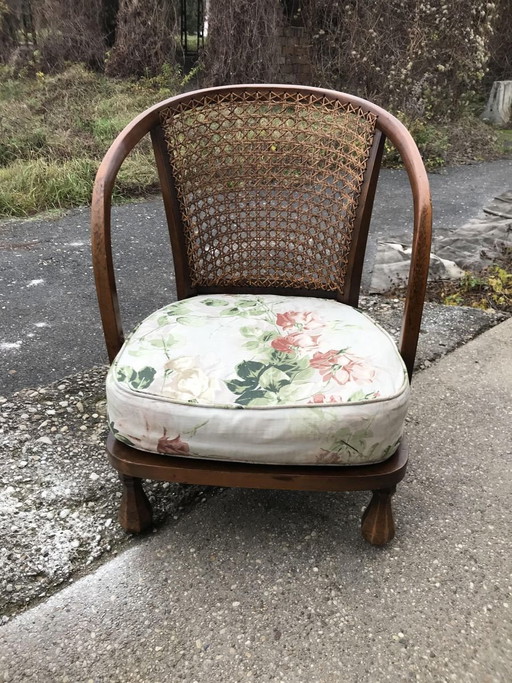 Sillón vintage de tela floral y madera, años 50