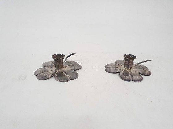 Image 1 of Set of two silver clover candleholders by Carl Frederik Christiansen, Denmark 1950's
