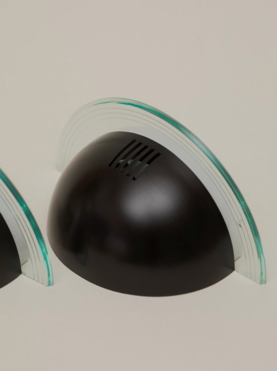 Image 1 of Pair of vintage Postmodern Memphis half-moon wall lights in metal and lucite, circa 1980