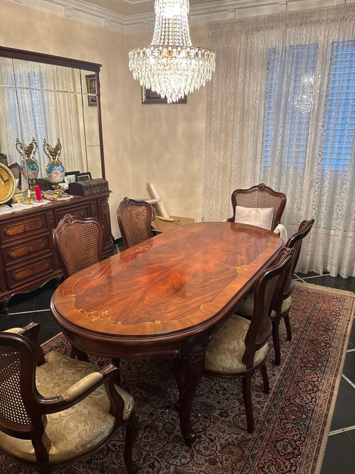 Vintage Italian Baroque Style Dining Table & 6 Cane-Back Chairs - Marquetry Inlay