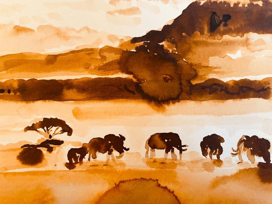 Image 1 of Signed painting of an African landscape and animals, "Kilimanjaro".