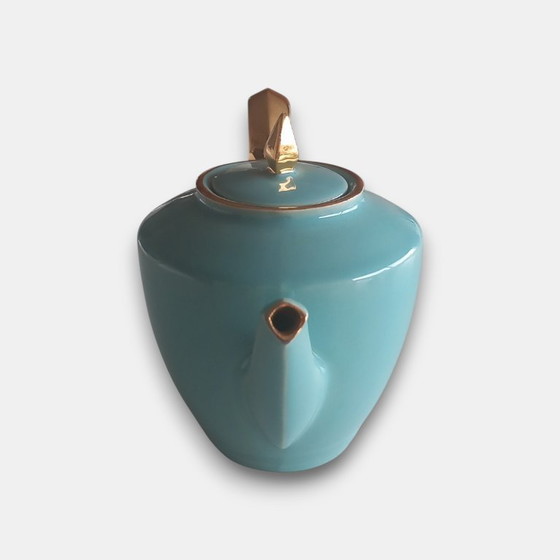 Image 1 of Vintage (1960-1970) handmade design tea set in turquoise glaze with gold accents – teapot and sugar bowl with lid