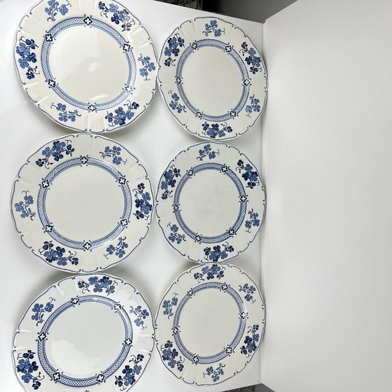 Image 1 of Set van 6 Terre de Fer KG Lunéville platte borden, model "Jane", blauw, 1890-1915