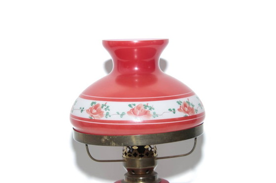 Image 1 of Petroleum lamp, red glass shade, opal glass, GDR 1970s nostalgia