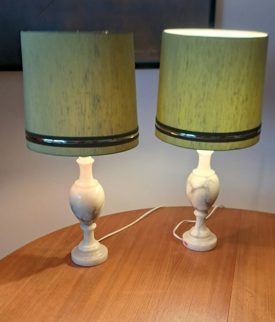 Image 1 of Pair of Italian Marble Table Lamps with Olive Green Silk Shades – Vintage 1970s