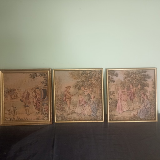 Hermoso tríptico completo de paneles de pared Gobelin vintage (F. Boucher) – Juego de 3 – wanddecoratie, Wood, Canvas