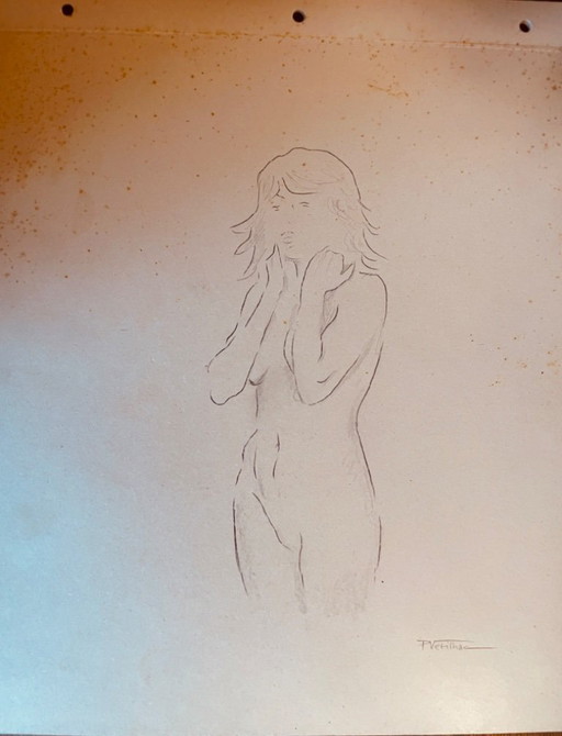 Nude female drawing "sketchbook hand held high" on antique cardboard