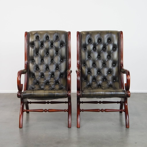2 x Green Beef Leather English Chesterfield Armchair With Wood
