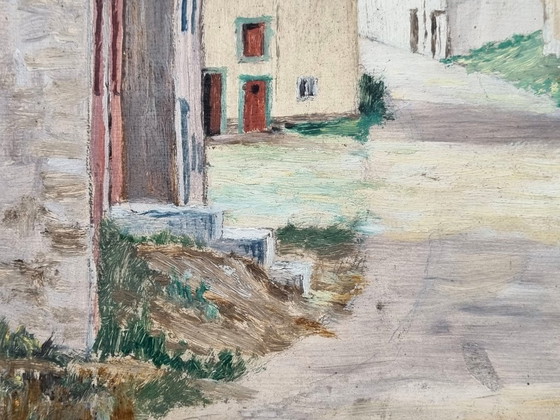 Antique oil painting, picturesque village view "Felenne" (1954) – Post-Impressionism – Decorative Objects (photo 5 of 9)