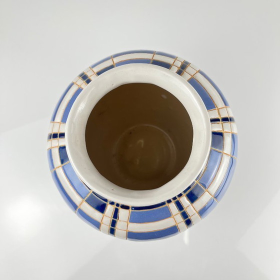 Image 1 of Vaso vintage degli anni '50, terracotta smaltata, decorazione geometrica blu e bianca