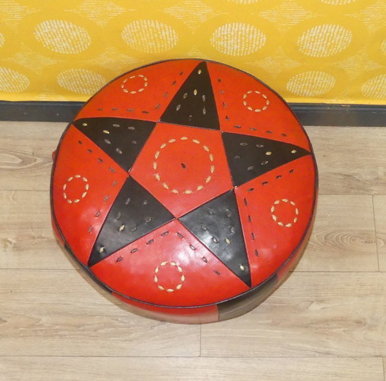 Image 1 of SEVENTIES 70s pouf stool seat cushion red black leather stool faux leather floor cushion boho style Moroccan style