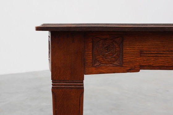 Image 1 of Mesa de comedor Art Déco de roble con friso tallado, Francia años 20