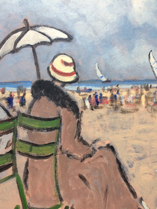 Origineel schilderij door Henry St Clair (1899-1990) "Scène De Plage Animée" (Levendige Strandscène)