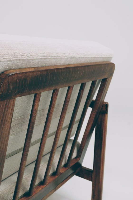 Image 1 of Vintage fauteuil naturel Lin beige wit gestreept houten frame 1965 mcm design