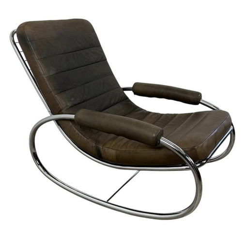 Sedia a dondolo Bauhaus vintage in pelle e cromo