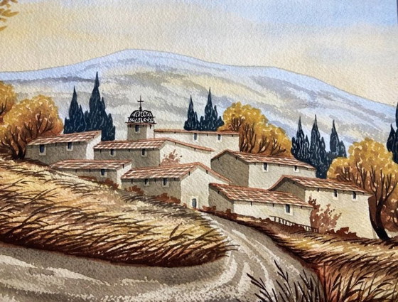 Image 1 of Watercolor Village of Provence Art France Painting Framed Signed Cardi ?? Artwork