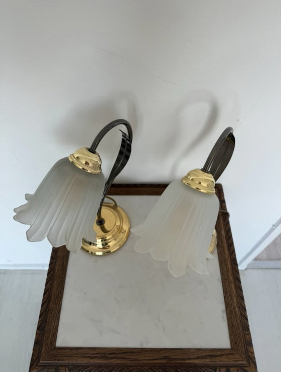 Vintage Flower Lamps in Hollywood Regency Style - Set of 2 – Massive, Table lamps, Glass, Metal (photo 14 of 17)