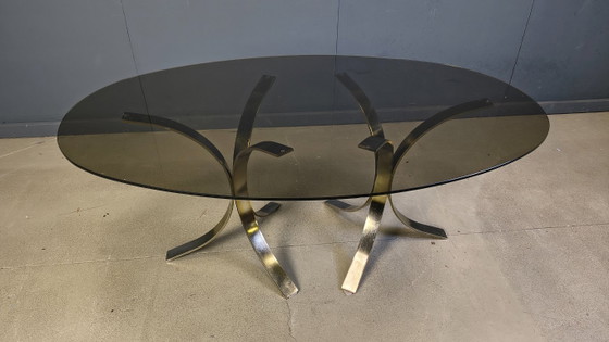 Image 1 of Vintage brass oval glass dining table, 1970s