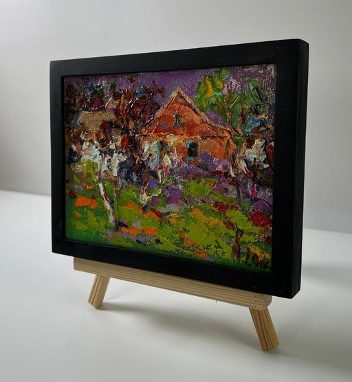 Original Oil Painting Rural Evening Landscape Spring in the Village – schilderijen tekeningen, Canvas (photo 2 of 8)