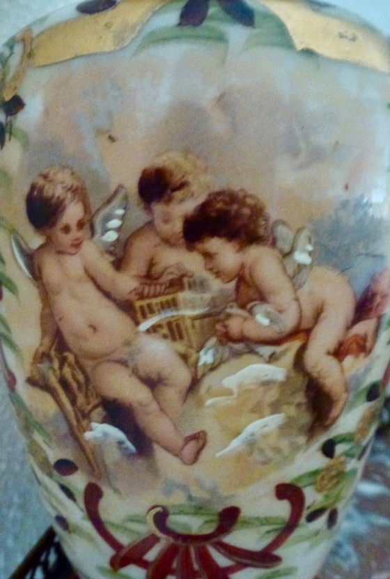 2x Antique Opaline Glass Vases – Neoclassical With Putti – 21 Cm. (photo 3 of 10)