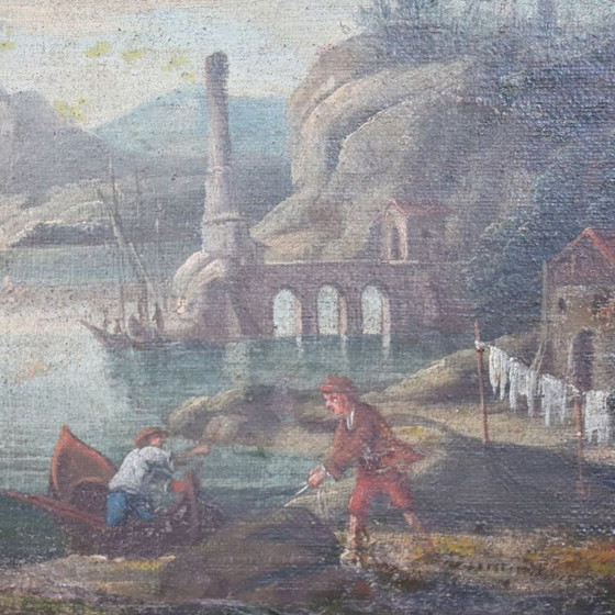 Image 1 of Paysage côtier, peinture à l'huile ancienne sur toile, Italie, XVIIIe siècle