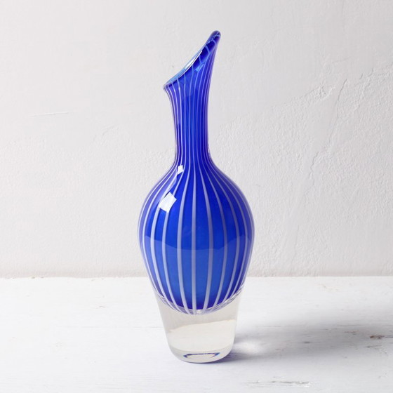 Image 1 of Mid-Century Orrefors Art Glass Vase: Blue & White Stripes, Jan Johansson, Sweden