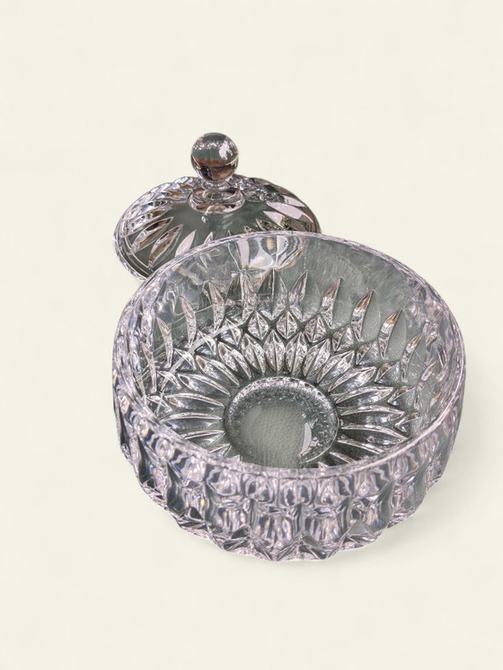 Image 1 of Rare Mid - Century candy jar made of crystal glass with diamond cut | 60s | Vintage glass jar with lid