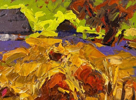 Image 1 of Original Oil Painting Evening House Landscape After the harvest - peace