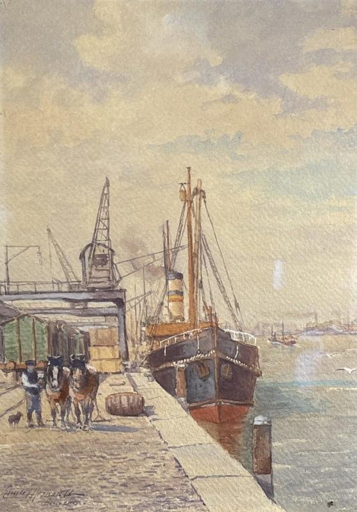Emile Lhernault, Dock in Brussels, Watercolour, 1910s
