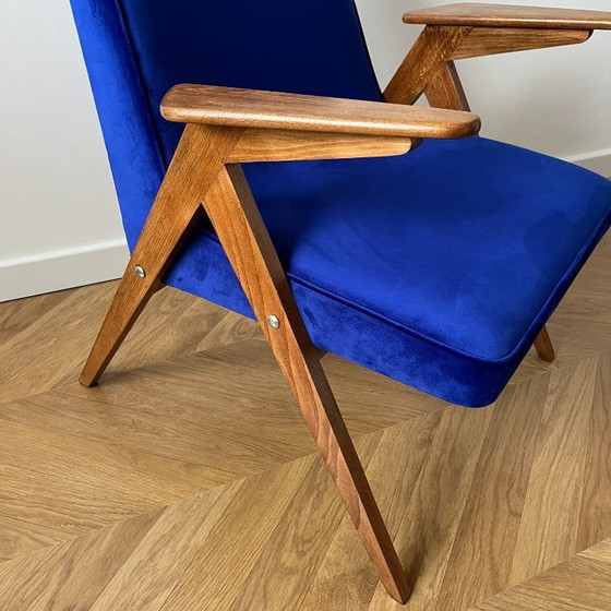Image 1 of Mid Century Modern Blue Velvet Armchair Restored, Vintage Chierowski Lounge Chair, Polish Wooden Frame Accent Chair
