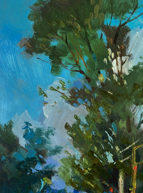 Image 1 of Original Oil Painting Summer Coastal Landscape Bridge over the river with people